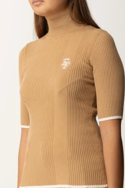 Elisabetta Franchi T-shirt Dolcevita In Maglia con LogoCAMEL/BURRO