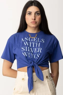 Elisabetta Franchi T-shirt Crop con Stampa Scritta e Accessorio GoldBLUE INDACO