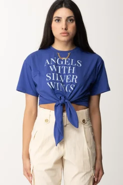 Elisabetta Franchi T-shirt Crop con Stampa Scritta e Accessorio GoldBLUE INDACO