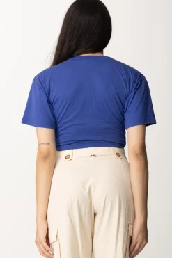 Elisabetta Franchi T-shirt Crop con Stampa Scritta e Accessorio GoldBLUE INDACO
