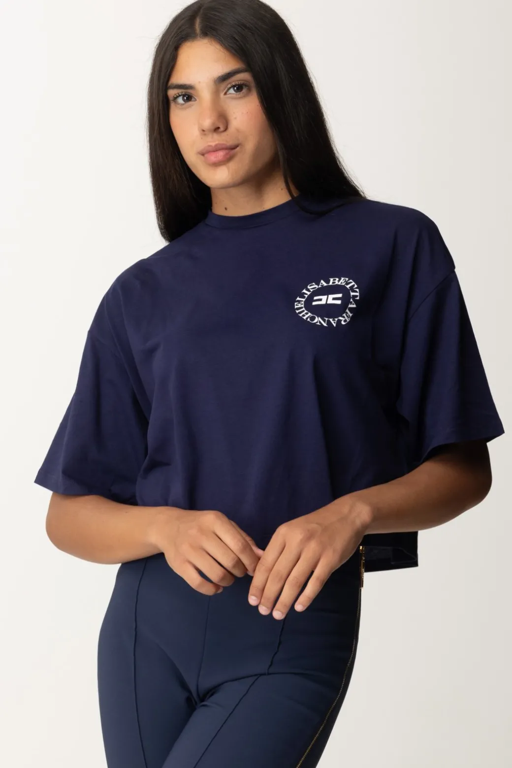 Elisabetta Franchi T-shirt Cropped con Stampa LogoNAVY