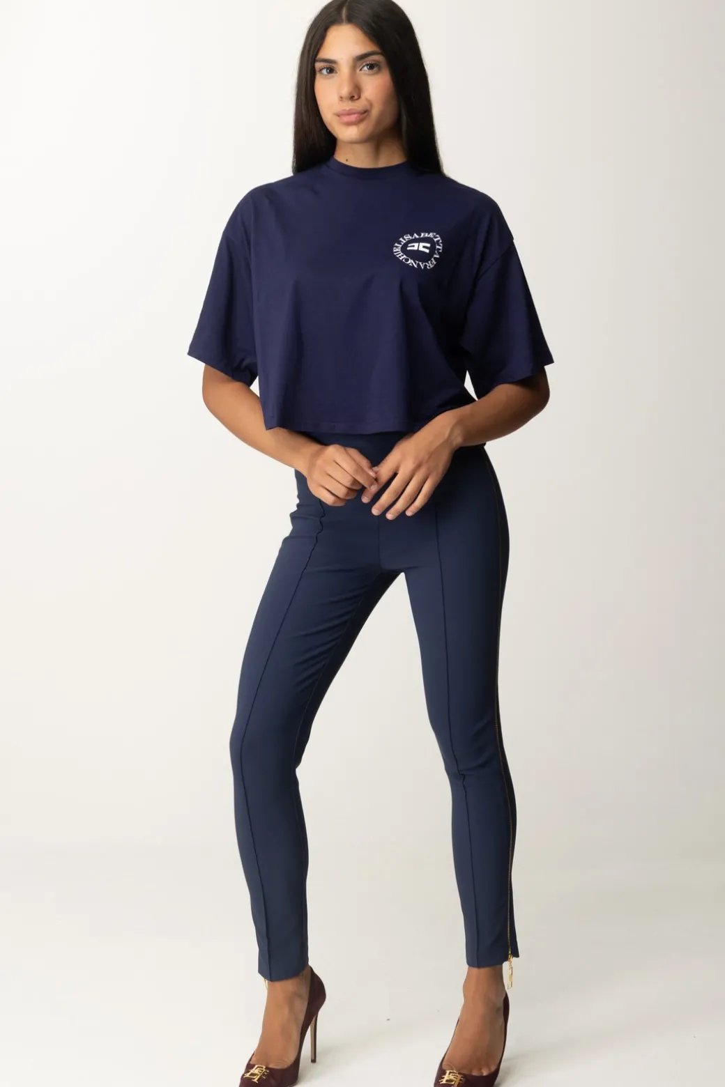 Elisabetta Franchi T-shirt Cropped con Stampa LogoNAVY