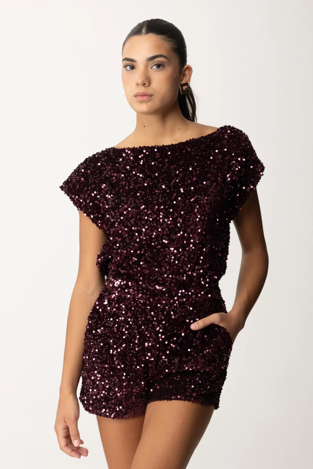 Elisabetta Franchi Tuta Corta In Ciniglia Ricamata con PaillettesROUGE NOIR