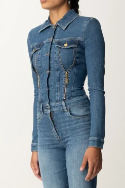 Elisabetta Franchi Tuta In Jeans a Zampa con ZipBLUE DENIM