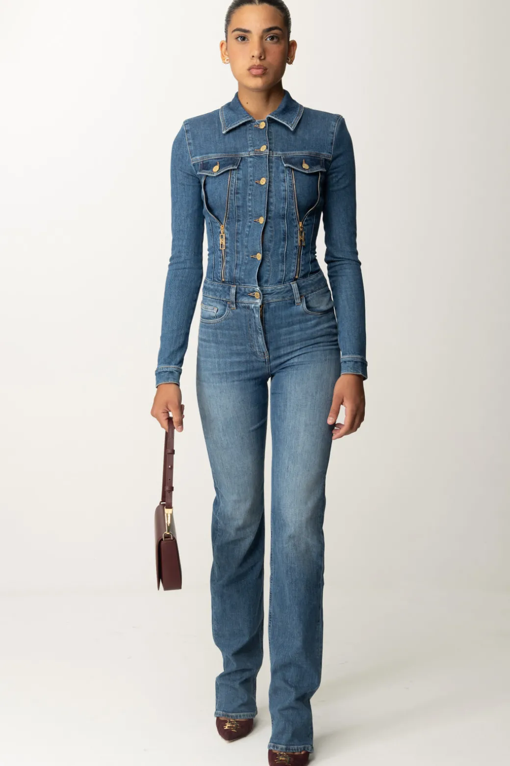 Elisabetta Franchi Tuta In Jeans a Zampa con ZipBLUE DENIM