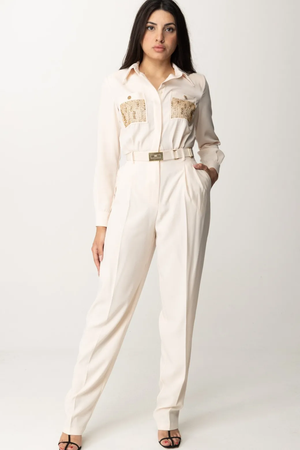 Elisabetta Franchi Tuta Lunga con Tasche RicamateBURRO