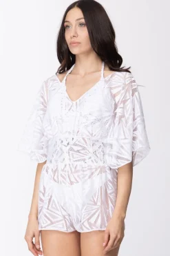 Fk Copricostume Tuta Corta Jumpsuit Doppio Scollo a V Maniche Ampie Traforata Disegni GeomBIANCO