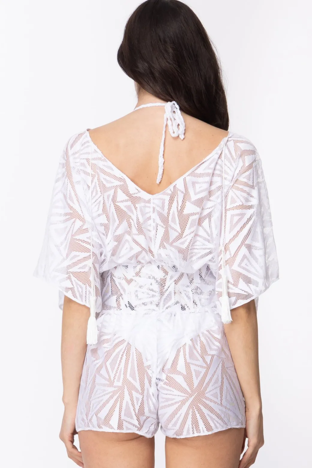 Fk Copricostume Tuta Corta Jumpsuit Doppio Scollo a V Maniche Ampie Traforata Disegni GeomBIANCO