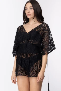 Fk Copricostume Tuta Corta Jumpsuit Doppio Scollo a V Maniche Ampie Traforata Disegni GeometriciNERO