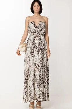 Gaëlle Paris Abito In Raso Animalier con SpaccoMACULATO BEIGE