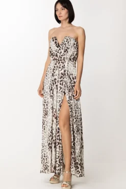 Gaëlle Paris Abito In Raso Animalier con SpaccoMACULATO BEIGE