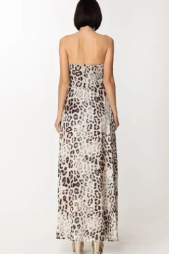 Gaëlle Paris Abito In Raso Animalier con SpaccoMACULATO BEIGE