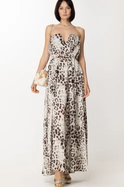 Gaëlle Paris Abito In Raso Animalier con SpaccoMACULATO BEIGE