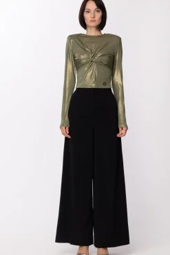 Gaëlle Paris Maglia Laminata con Nodo e Oblò Sul RetroVERDE OLIVA