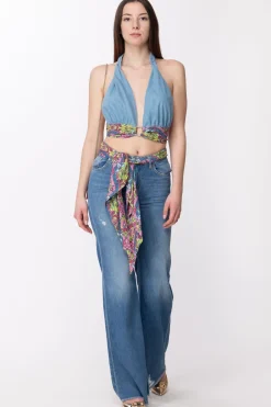 Gaëlle Paris Top In Jeans a Incrocio con FoulardBLU CHIARO