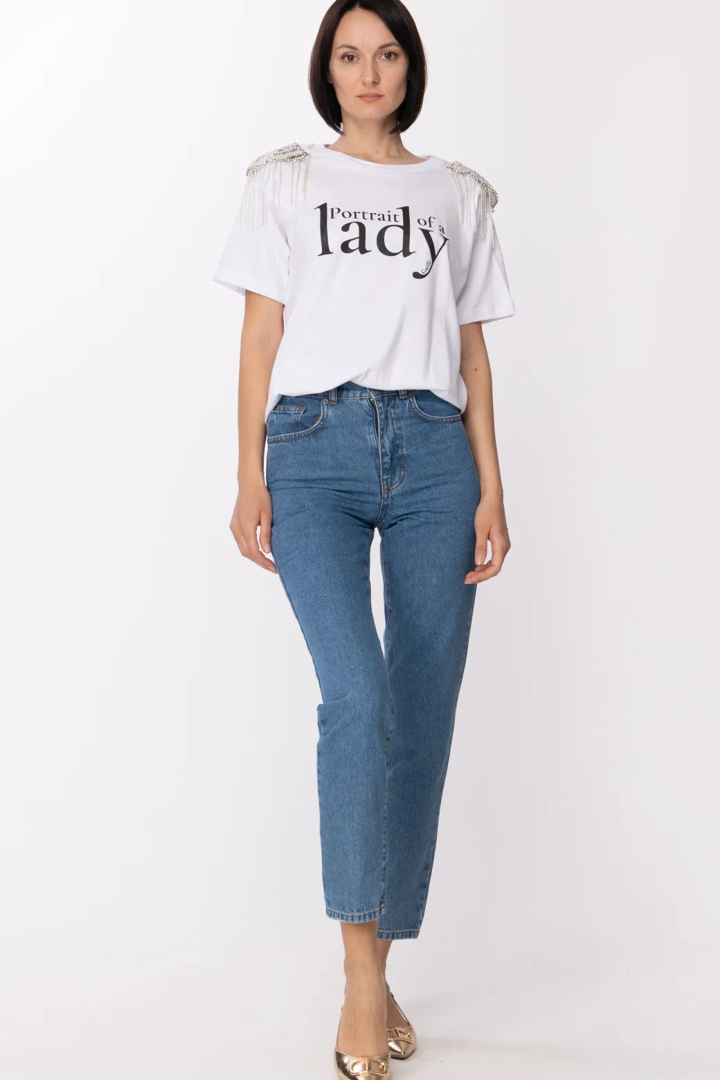 Gaëlle Paris T-shirt con Stampa e Spalline GioielloBIANCO