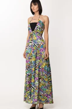 Just Cavalli Abito Lungo Stampato con Inserto ArricciatoBLACK