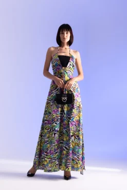 Just Cavalli Abito Lungo Stampato con Inserto ArricciatoBLACK