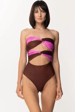 Mali Beachwear Costume Intero In Lurex con Cut-outBRONZO/FUCSIA