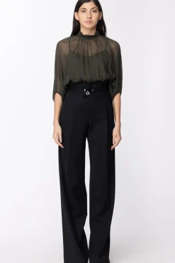 Mangano Angano: Pantalone Verlaine Vita Alta a Palazzo con Cintura e Frappine In VitaNERO