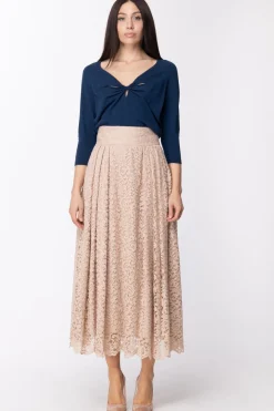 Mangano Gonna Longuette In Pizzo a Vita AltaOLD PINK