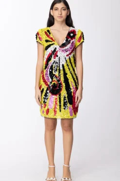 Mangano Mangano: Abito Eldridge Tunichetta con Manica Ad Aletta e Ricamo con Giochi Di PaillettesV.UNICA NE/OFF/ROSS/FUXIA/GIAL