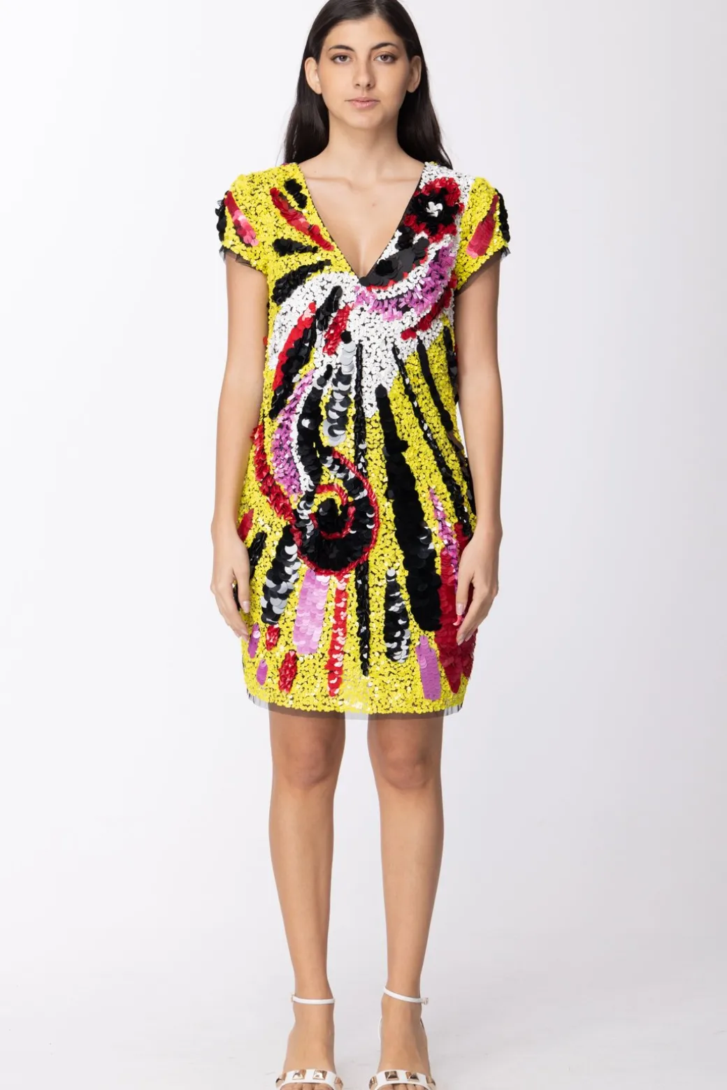 Mangano Mangano: Abito Eldridge Tunichetta con Manica Ad Aletta e Ricamo con Giochi Di PaillettesV.UNICA NE/OFF/ROSS/FUXIA/GIAL