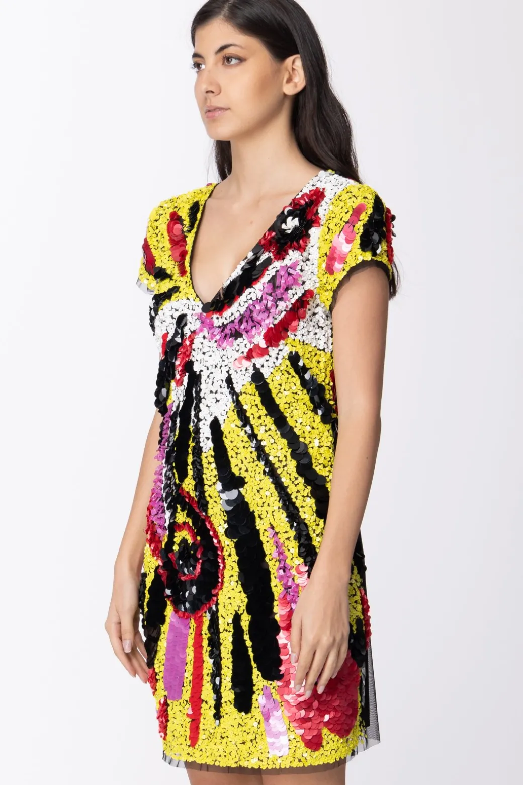 Mangano Mangano: Abito Eldridge Tunichetta con Manica Ad Aletta e Ricamo con Giochi Di PaillettesV.UNICA NE/OFF/ROSS/FUXIA/GIAL