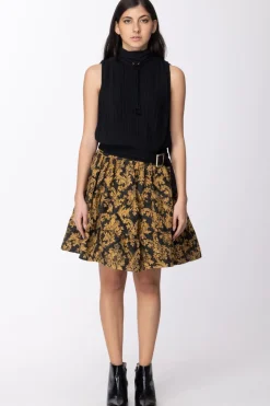 Mangano Mangano: Gonna Corta Ampia a Balze Arricciate Damascata Effetto CinigliaNERO/SENAPE