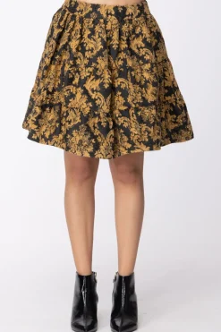 Mangano Mangano: Gonna Corta Ampia a Balze Arricciate Damascata Effetto CinigliaNERO/SENAPE