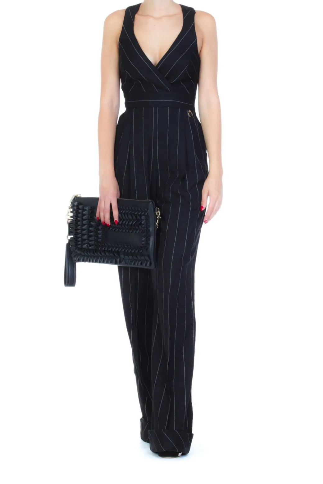 Mangano Mangano: Tuta Gessata In Lana Gamba a Palazzo e Corpino IncrociatoNERO/OFF