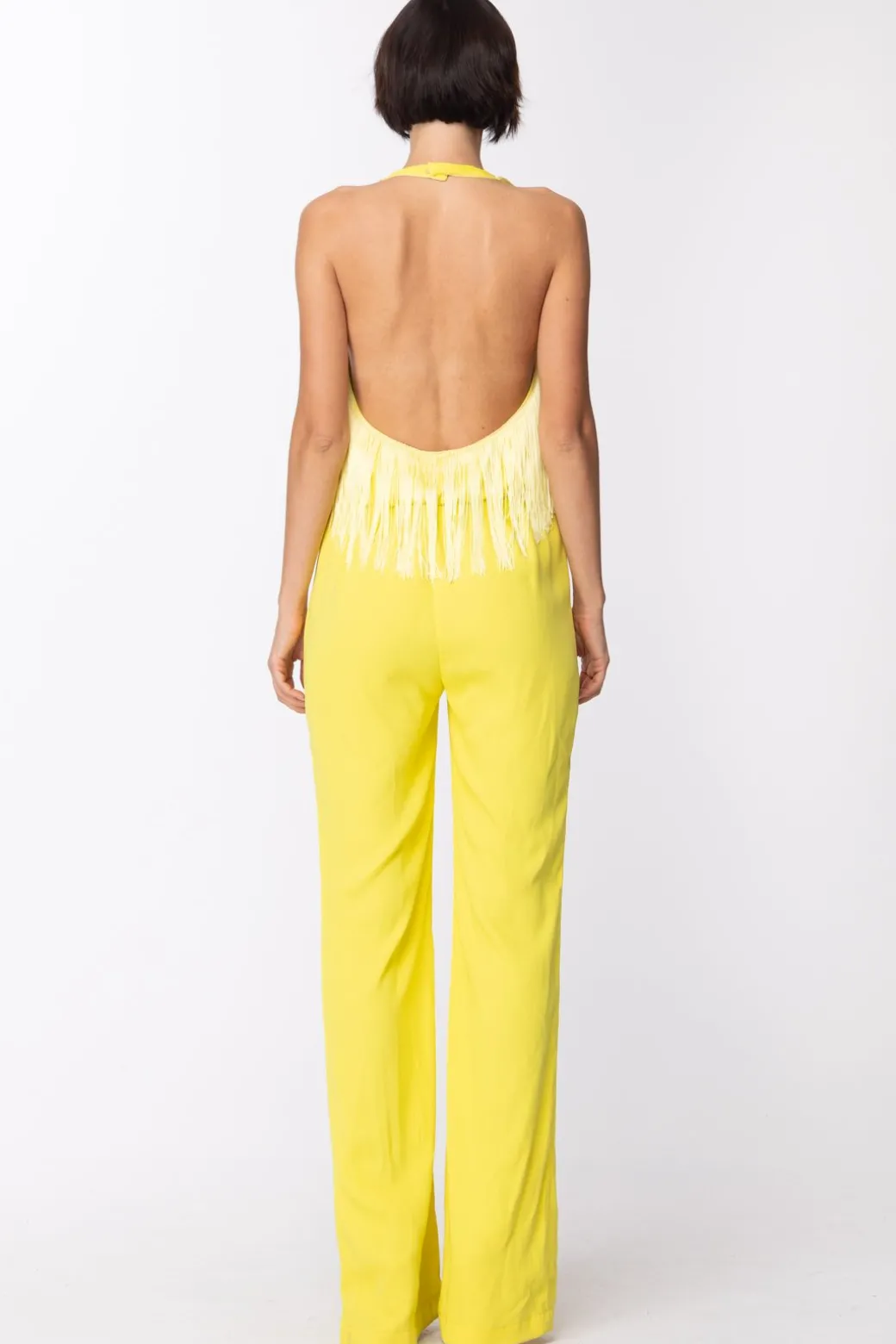 Mangano Tuta Lunga con Frange e Scollatura Profonda DietroGIALLO