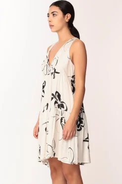 Manila Grace Abito Da Giorno Senza Maniche Scollo a V Fanrasia a Contrasto Taglio Sotto Il SenoOFF WHITE