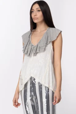 Manila Grace Camicia Asimmetrica con Rouches e PaillettesVAR.UNICA