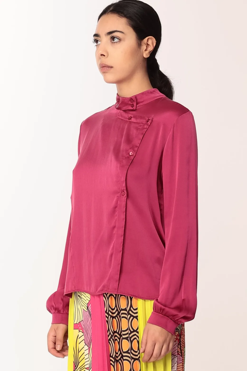 Manila Grace Camicia Coreana In Seta con Chiusura KimonoMAGENTA