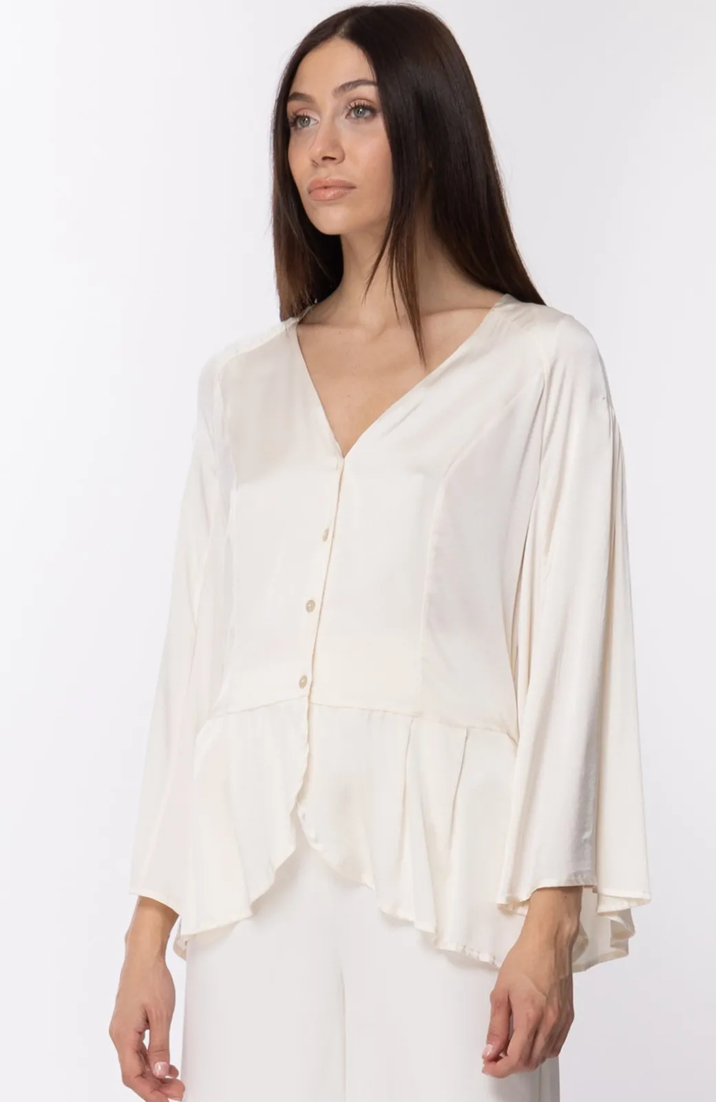 Manila Grace Camicia Morbida In Seta con Manica Ampia Scollo a VAVORIO