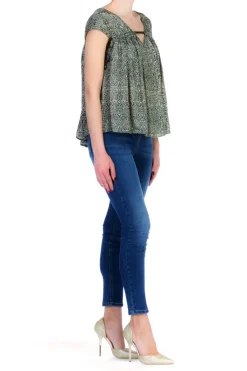 Manila Grace Casacca In Seta Scollo a V Stampa Etnica Vestibilita' MorbidaMILITARE