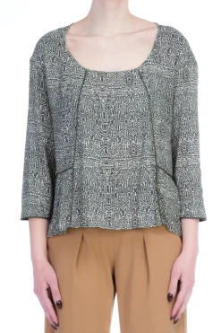 Manila Grace Casacca Stampa Etnica Scollo Largo Asimmetrica Maniche a GomitoMILITARE