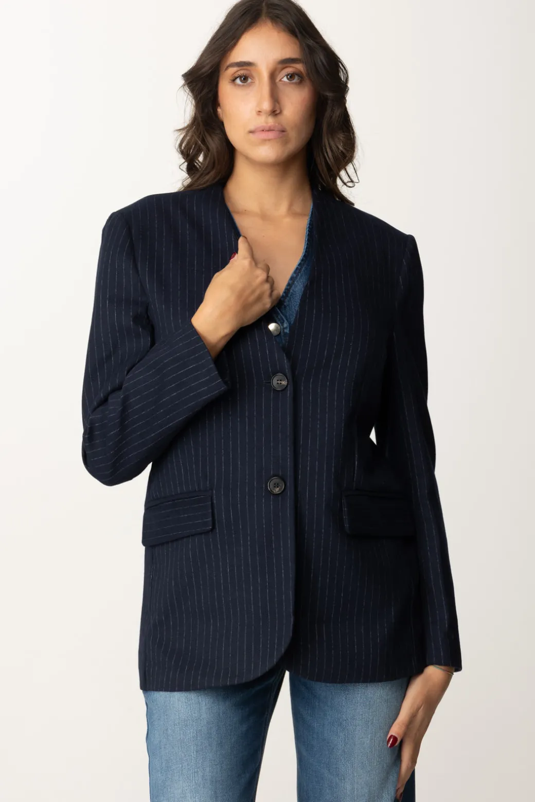 Manila Grace Giacca Gessata con Gilet In JeansMEDIUM BLU