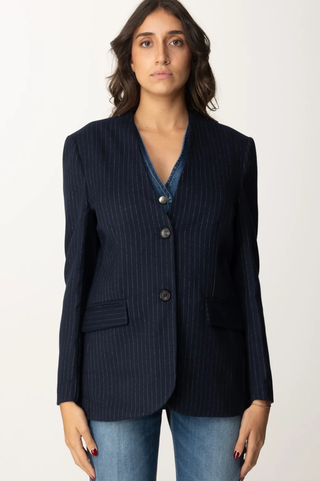 Manila Grace Giacca Gessata con Gilet In JeansMEDIUM BLU