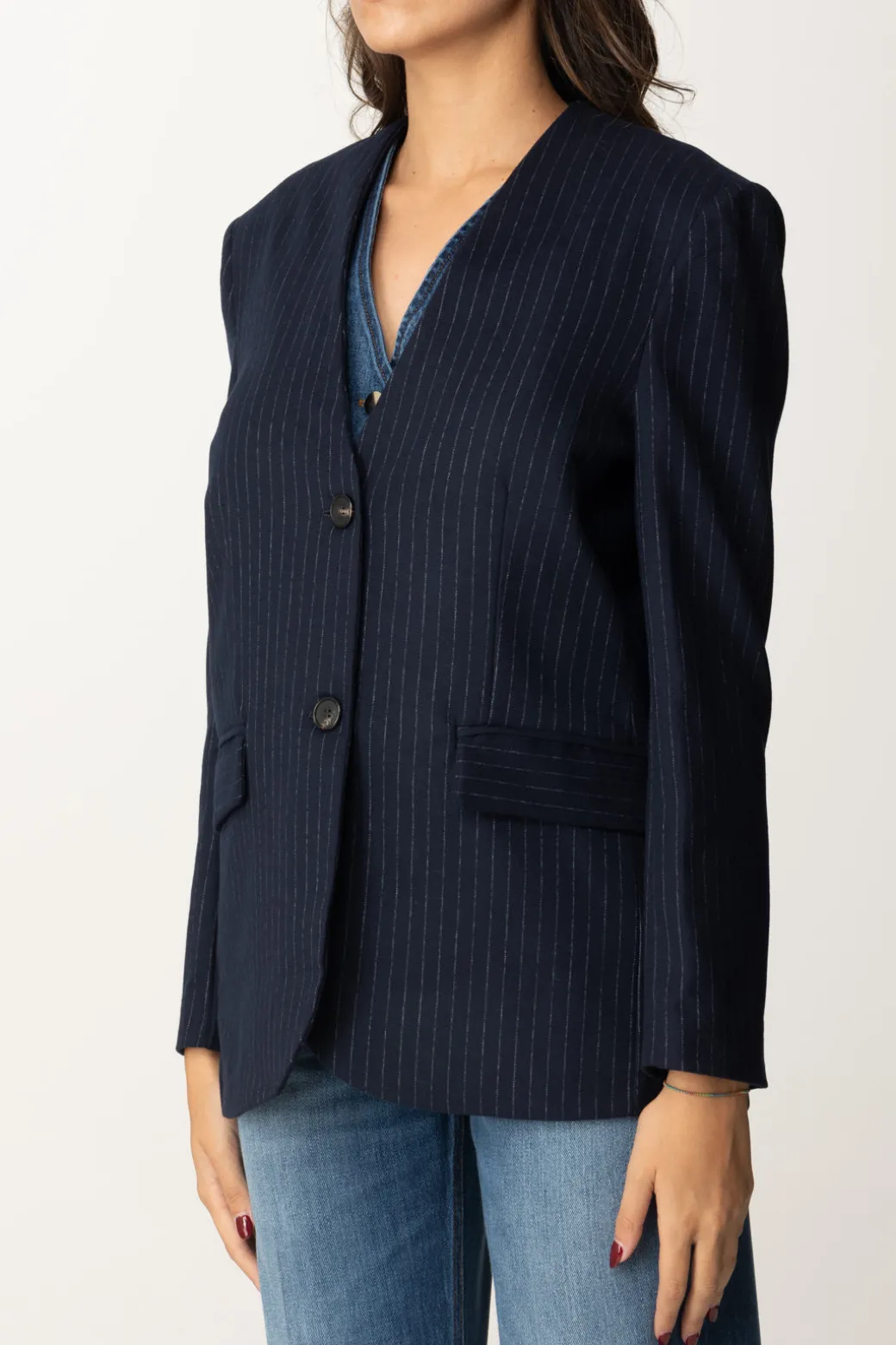 Manila Grace Giacca Gessata con Gilet In JeansMEDIUM BLU