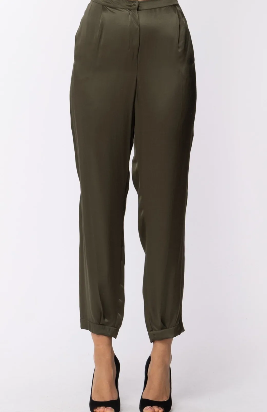 Manila Grace Pantalone In Raso Vita Alta MorbidoOLIVA