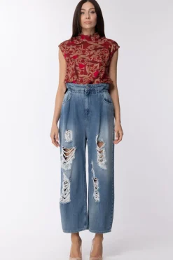 Manila Grace Top a Lupetto In Seta StampataROSSO CARRMINIO