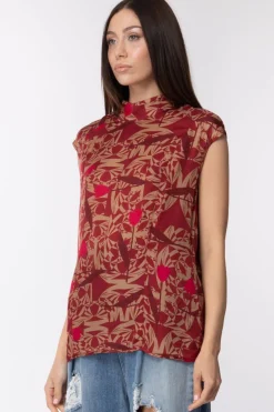 Manila Grace Top a Lupetto In Seta StampataROSSO CARRMINIO
