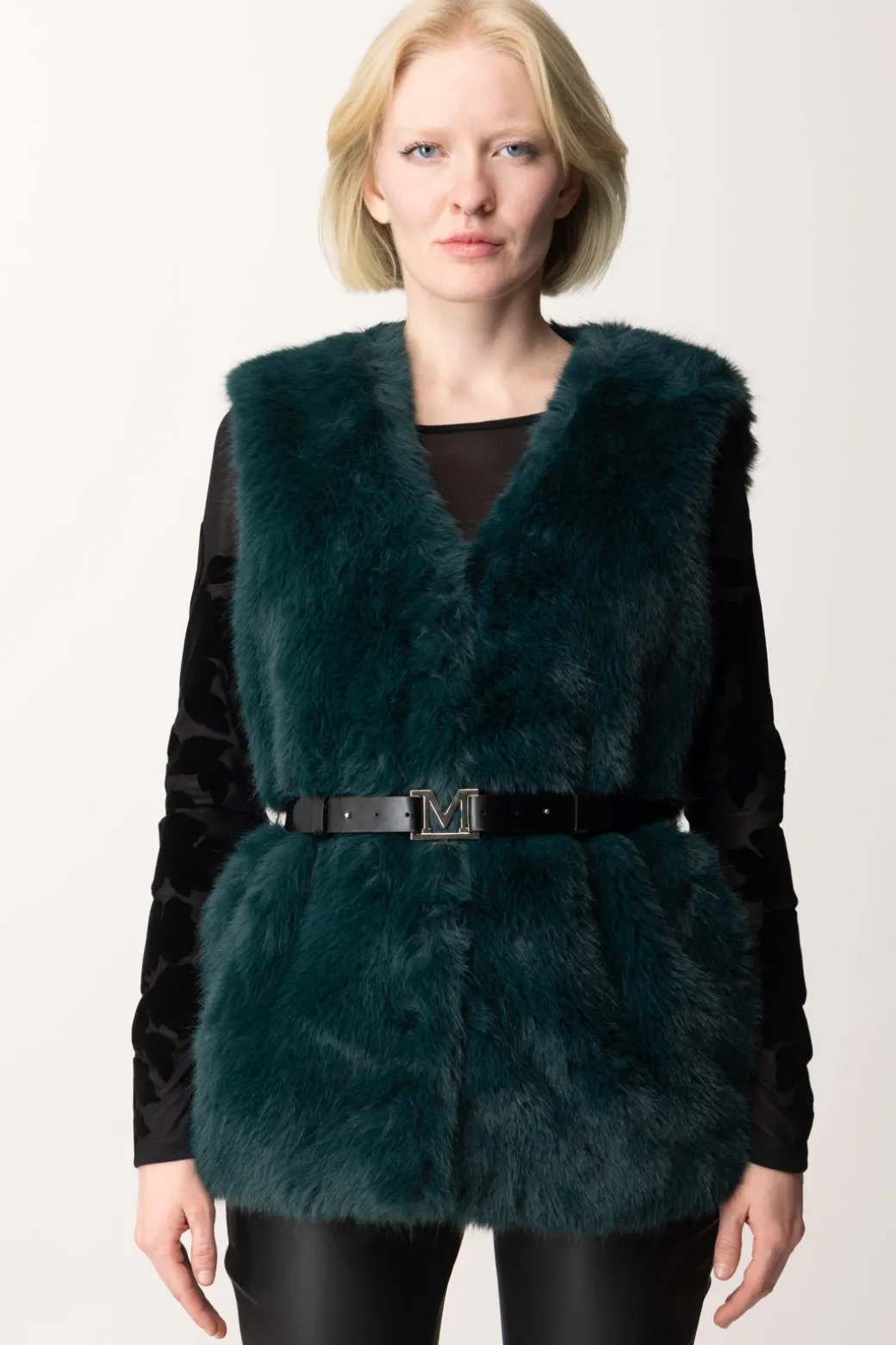 Marciano By Guess Pelliccia Gilet Chloe con CinturaFERN MOSS GREEN MULT