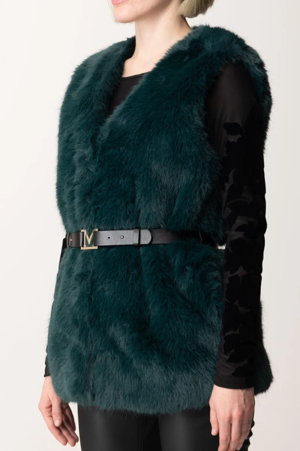 Marciano By Guess Pelliccia Gilet Chloe con CinturaFERN MOSS GREEN MULT