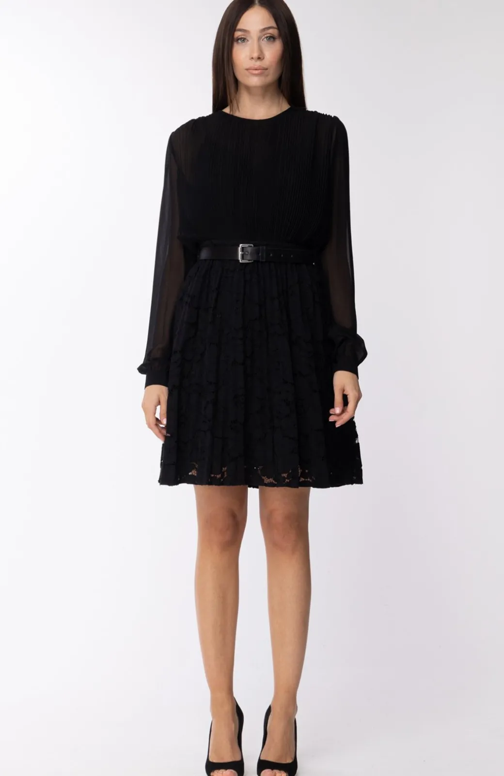 Michael Kors Abito Corto In Tulle e Pizzo con CinturaNERO