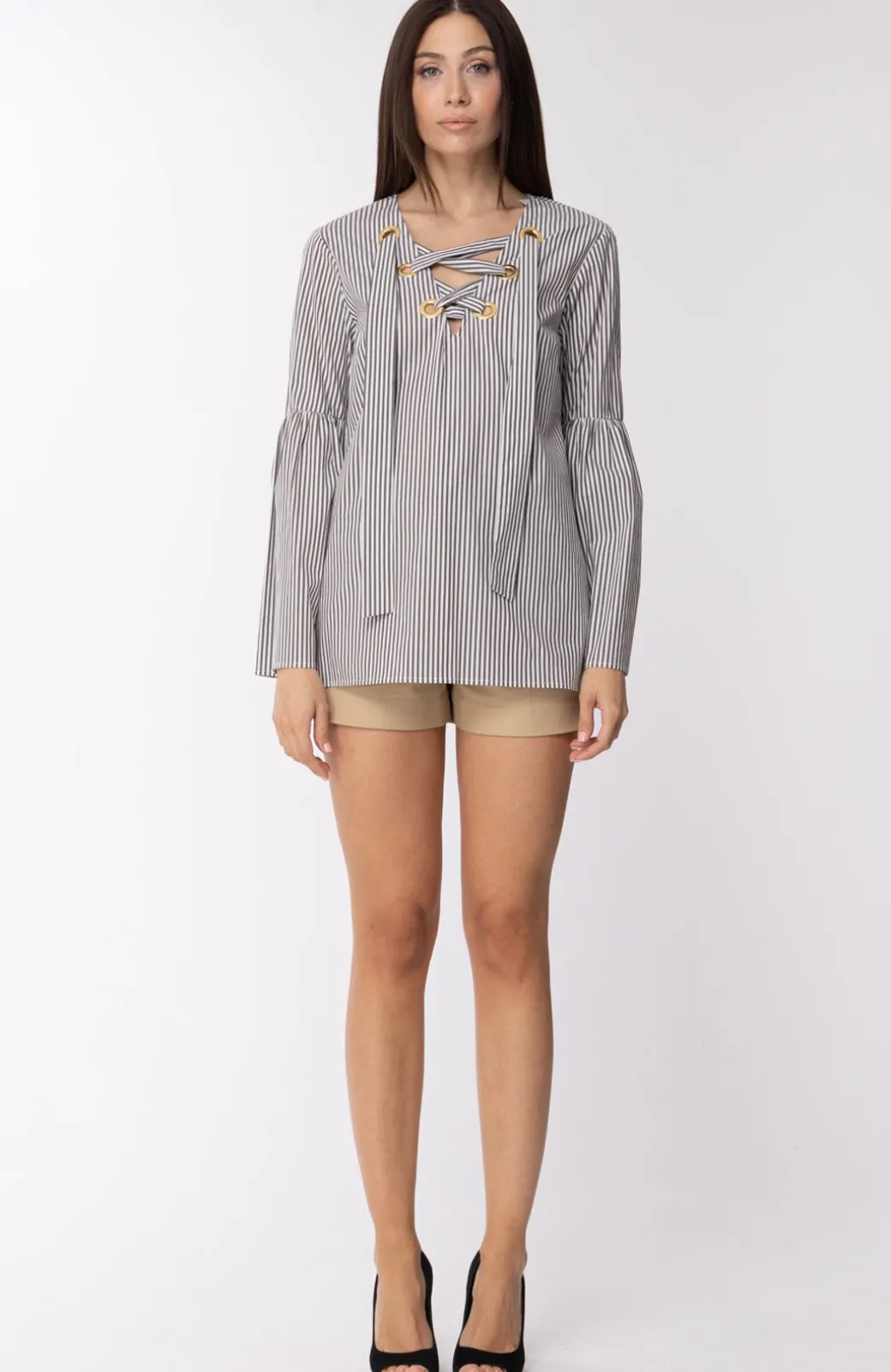 Michael Kors Blusa Morbida a Righe con Occhielli DoratiIVORY