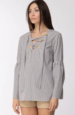 Michael Kors Blusa Morbida a Righe con Occhielli DoratiIVORY