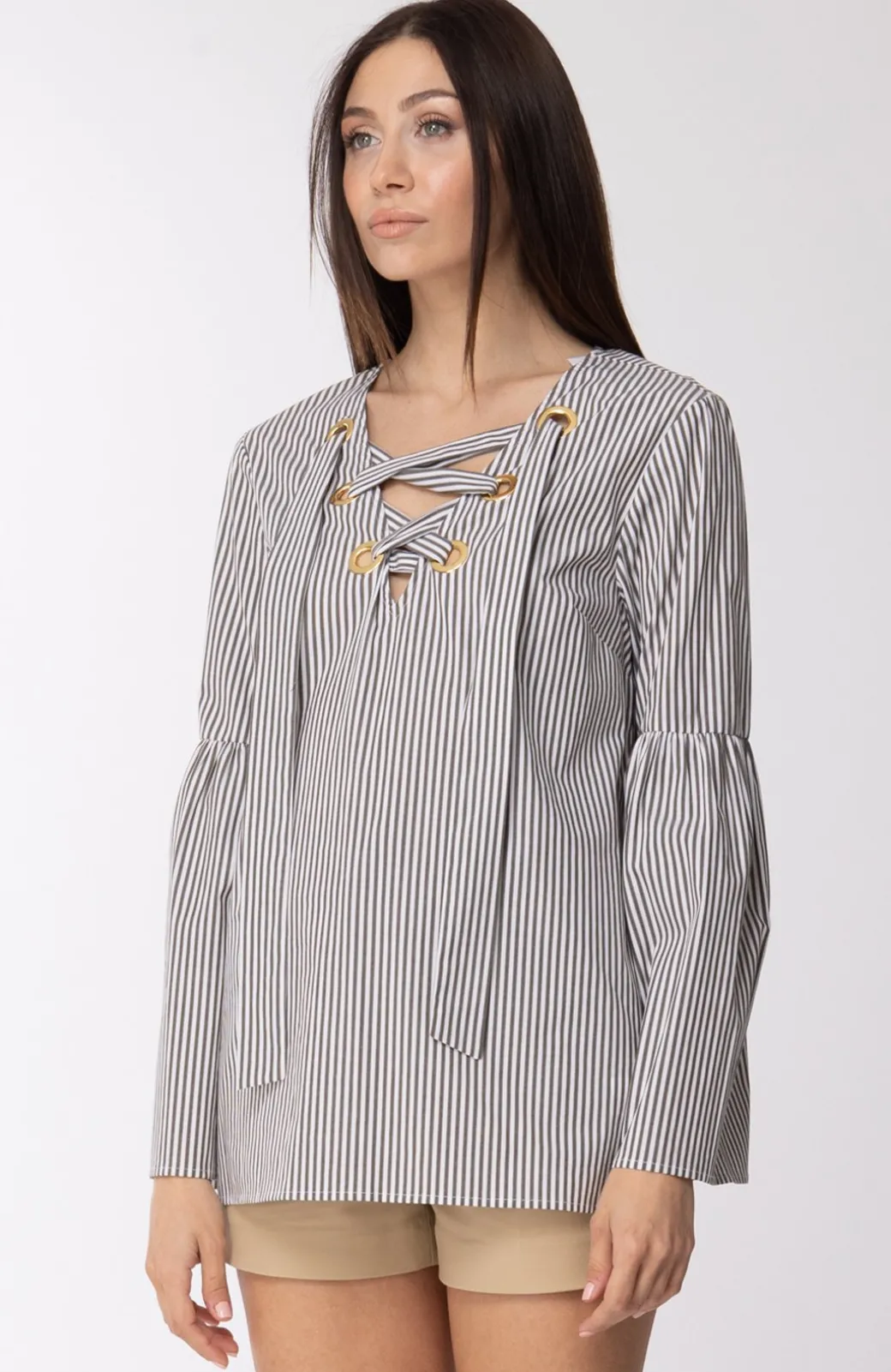 Michael Kors Blusa Morbida a Righe con Occhielli DoratiIVORY